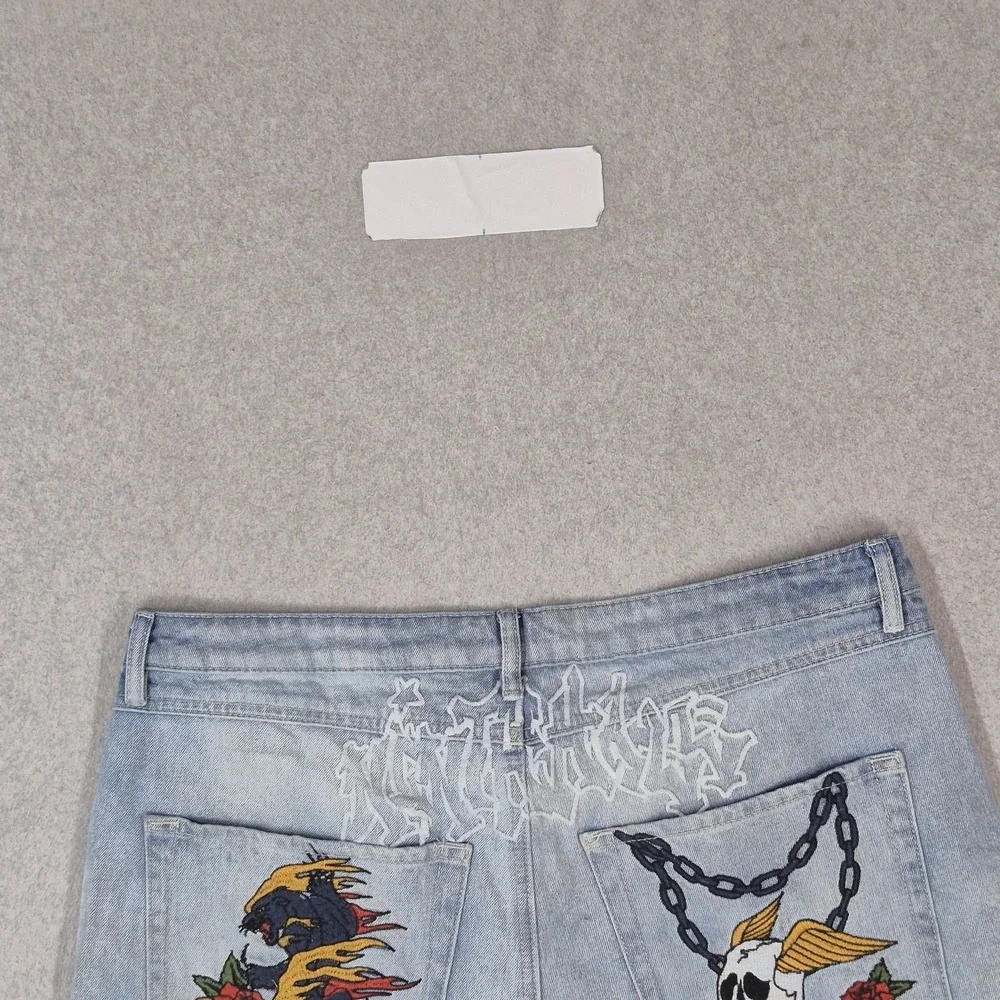 Ninth Hall Men Shorts 36 Light Blue Denim Y2K Grunge Embroidered Graphic Skull